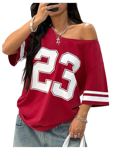 SHENHE Women's Off The Shoulder Top Short Sleeve Y2k Jersey Number Graphic Loose Tee Shirt