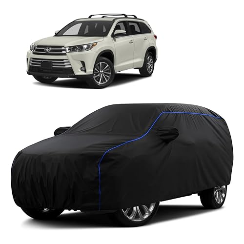 Image of Sulfar 100% Water Resistant Car Body Cover Compatible with Mirror for Toyota Highlander (Triple Stitched, Full Bottom Elastic, Black Tafetta with Blue Piping)