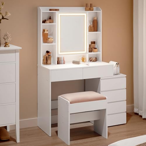 VASAGLE Kailyn Collection - Coiffeuse avec LED, 3 Luminosités Réglables, Table de Maquillage avec Miroir, Tiroirs, Compartiments Ouverts, Tabouret, Étagères Réglables, Moderne, Blanc Nuage RDT125W01