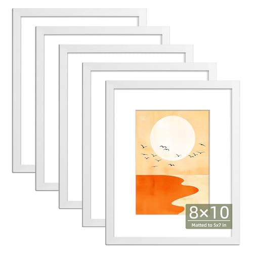HappyHapi 8x10 Picture Frame Set of 5 Tabletop & Wall Display Pictures 5x7 with Mat or 8x10 Without Mat Multi Gallery Photo Frames Collage (White)