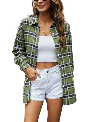 Agoeast Womens Oversized Flannel Plaid Shirts Casual Button Down Blouse