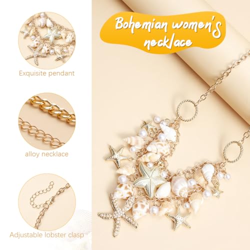 SANNIDHI® Boho Necklace for Women Golden Seashell Conch Starfish Necklace Heavy Duty Metal Layered Pearl Necklace Beach Wear Bikini Fashion Necklace Adjustable Women Necklace Jewelry Gift 3 41arcdJP3OL. SL500
