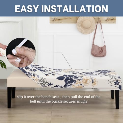 Image of SearchI Dining Bench Cover, Stretch Washable Long Bench Seat Covers, Rectangle Dining Table Bench Slipover for Dining Room, Living Room, Kitchen(Blue Flower)