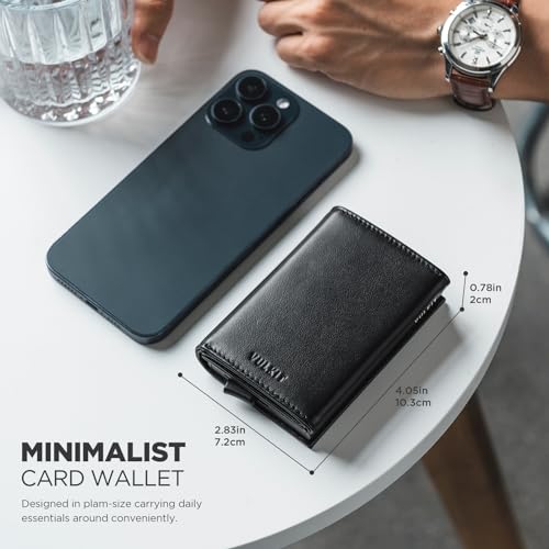 Image of VULKIT Pop up Card Wallet Minimalist Cash Wallets RFID Blocking Leather Smart Credit Card Holder with ID window for Men, Top-Grain Cowhide Black, Classic