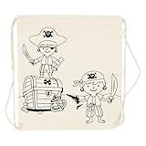 CREATIV DISCOUNT Kordelzug-Beutel aus Baumwolle, bedruckt, Größe 37 x 41 cm, Hellnatur, Motiv Piraten