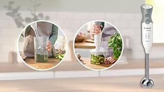 Bosch Frullatore a Immersione MSM66120, 600W, Impugnatura Ergonomica, Piede in Acciaio Inox, Lama a 4 ali Acciaio Inox, Velocità Variabile, Accessorio Tritatutto Incluso, Bicchiere Graduato, Bianco