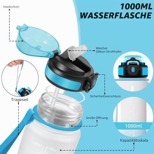 Grsta Trinkflasche 1l, Trinkflasche Sport, Wasserflasche mit Strohhalm, Auslaufsicher, Flasche Kohlensäure Geeignet, Leicht zu Reinigen… – Ansicht 3