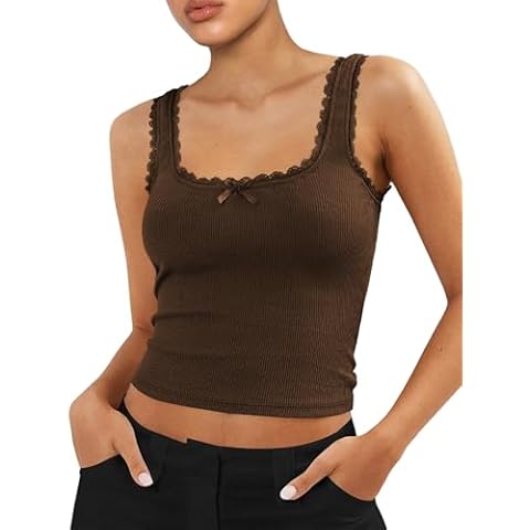 Sunloudy Women Lace Spaghetti Strap Cami Tank Top Sleeveless Strappy Y2K Camisole Slim Fit Basic Summer Clothes (Khaki, S) Cover