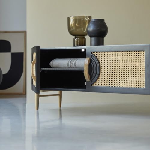 Image of Premium Solid Wood, 10 Minutes Assembly (Legs Only), Aesthetic Rattan Doors, Mid Century Entertainment Center for Living Room, TV Stand for 65 inch TV, Dark Chocolate (Black Unique)