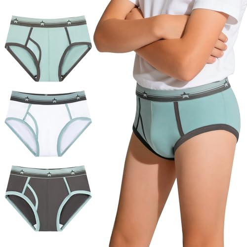 Image of Carer Washable Cotton Front Absorbent Briefs for Boys, 3-Pack Reusable Breathable Leak-Proof Kids Regular Underwear for Light Daytime Incontinence (Multi-Colored, Size 14)