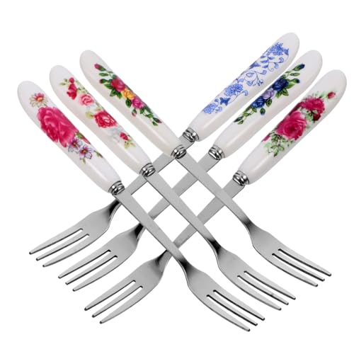BESTYASH 6pièces Fourchette à Fruits Résistante à Usure Avec Manche Céramique Fourchette à Gâteau Délicate Acier Inoxydable Petite Multifonction Pour Dessert