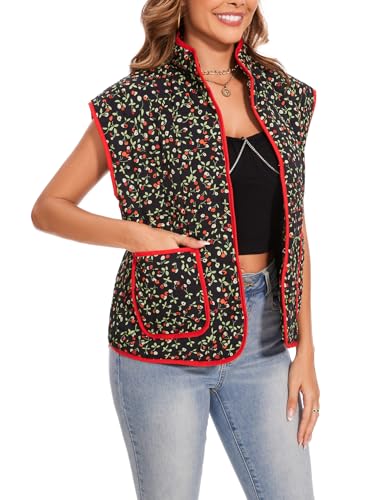Women's Cropped Puffer Quilted Vest Cardigan Floral Printed Jacket Lightweight Open Front Short Padded Coats4