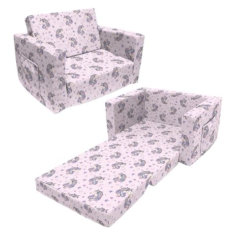 fond + found Kids Sofa Couch, 2 in 1 Children's Convertible Sofa, Extra Soft Flip Open Chairs & Sleeper, Cute Dinosaur/Unicorn Print Toddler Chairs Kids Couch for Kids Girls Boys (UNI, Single) Cover