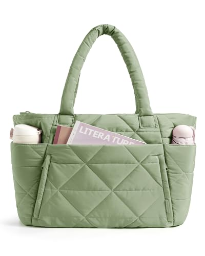 BAGSMART Tote Bag for Women, Puffy Tote Bag with Zipper, Large Quilted Shoulder Bag with Compartments for Travel, Work, Gym