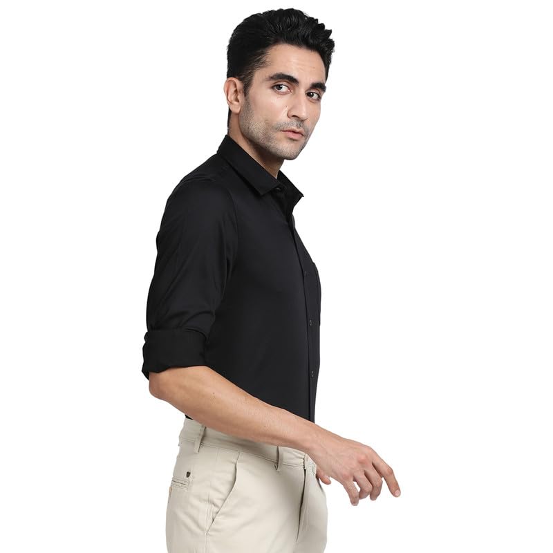 Image of Turtle Men Cotton Stretch Black Solid Slim Fit Casual Shirts
