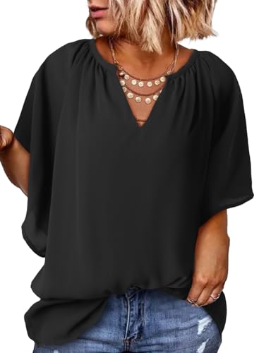 Eytino Womens Plus Size Tops Loose V Neck Bell Short Sleeve Casual Chiffon Blouses Pleated Flowy Shirts(1X-5X)
