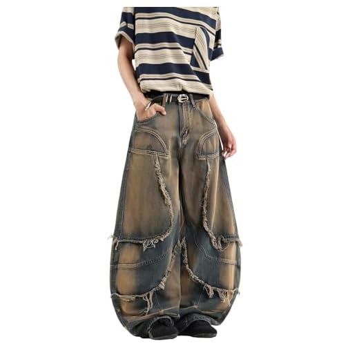 DFGIGT Calça jeans masculina com franja e bordas desgastadas, hip hop, folgada, vintage, calça jeans, Azul retrô T30, G