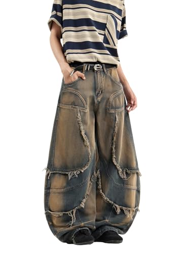 Men's Fringe Frayed Edges Hip Hop Baggy Jeans Wide Leg Jeans Vintage Loose Fit Denim Pants