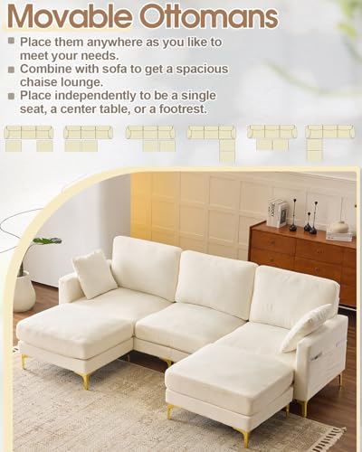 Image of Karl home 99.6 inch 3-Seat U-Shaped Sectional Sofa, Creamy | Chenille Upholstered, 2 Movable Ottomans, Cloud-Like Seat, 2 Throw Pillows, Comfy Deep Seat, Living Room, Apartment, Office