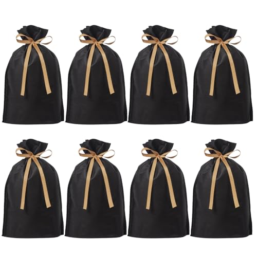 ラッピング 袋 小 8枚セット ギフト袋 巾着袋 リボン付き 底マチ付 小分け 小物 不織布 プレゼント おしゃれ (ブラック, 22x33x7cm)