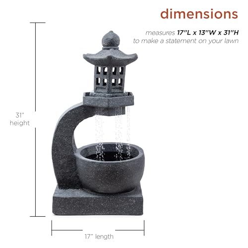 Alpine Corporation DIG370 31" Outdoor Zen Pagoda Water Fountain with LED Lights & Illuminated Stone Bowl – Tranquil Garden Water Feature for Relaxation and Ambiance, Gray - Image 3