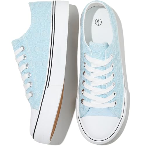 HYPOCRUTE Womens White Tennis Shoes Embroidered Flower Low Top Women Canvas Shoes Women’s Fashion Sneakers （blue07）