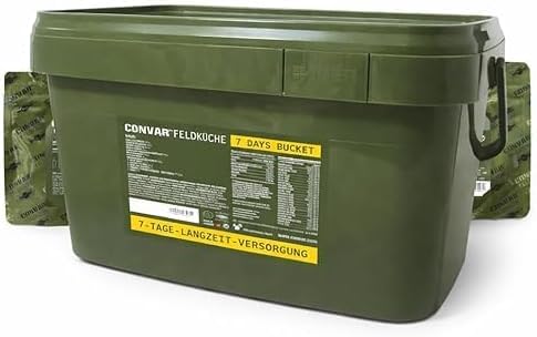 CONVAR Feldküche 7 Days Bucket Notvorrat – 7 Tage Survival Food Set | Notfall Lebensmittel Vorrat, Prepper Nahrung, Outdoor Trekking Camping Essen, Katastrophenschutz Langzeitnahrung im wasserdichten