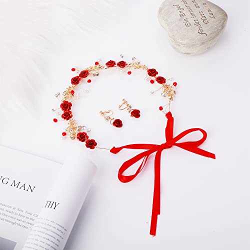 Sibba Flower Headpiece Crowns Headband Earrings Jewelry Set Bride Bridesmaids Wedding Red Tiaras Crystal Rhinestone Pearl Headwear Long Vines Rose Girl Women Mothers Day Halloween Party Hair Band #TOP6