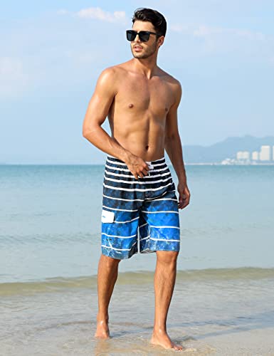 unitop Men's Board Shorts Quick Dry Striped Swim Trunks Drawstring Blue-1 34