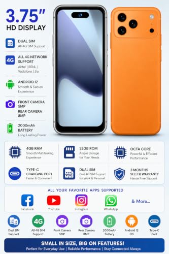 Image of SIVANTAGE PRO Mini 4G Smartphone, 4GB RAM 32GB Storage, Android 12, 3.75 Inch Display, Dual SIM, 5MP Selfie Camera, 8MP Rear Camera, 2000mAh Battery, Type-C Charging, 4G Volte