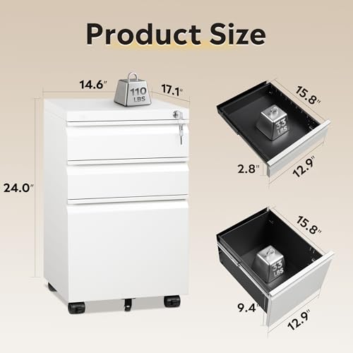 Image of DEVAISE 3 Drawer Mobile File Cabinet, Fully Assembled Except Casters