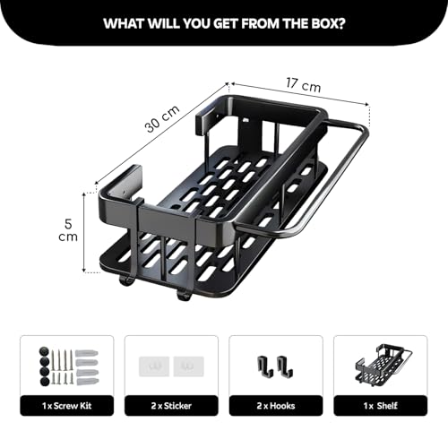 Image of amazon basics Steel Bathroom Organiser Without Drill | Bathroom Accessories & Organizer | 2 Hooks and Towel Holder | Kitchen Sink Organiser | Wall Mounted Shelves Pack of 1
