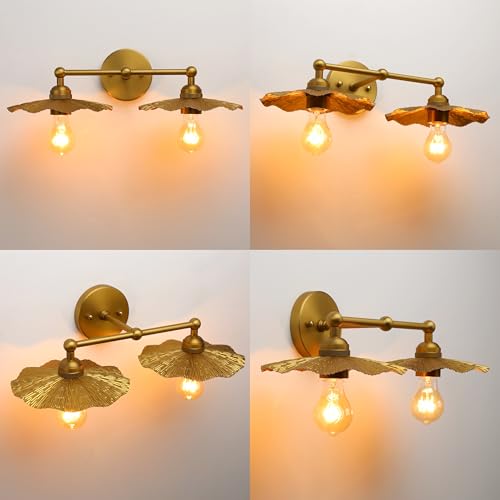 Image of Phansthy Hardwired Wall Lighting, Barn Wall Sconces Antique Brass Indoor Wall Lights with Hammered Metal Lotus Leaf Texture Shade, Vanity Wall Lamp for Bathroom Bedroom Kitchen (Two-Light 1 Pack)
