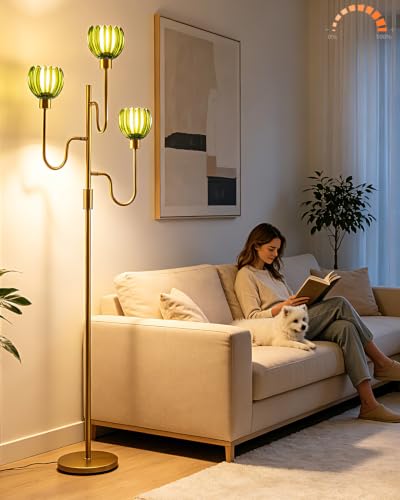 Image of 3-Light Green Tulip Glass Floor Lamp, Dimmable Standing Floor Lamp with 3 Bulbs Included, 3000K Warm White Gold Tall Floor Lamp for Living Room Bedroom Sofa Corner, Modern Romantic Reading Floor Lamp
