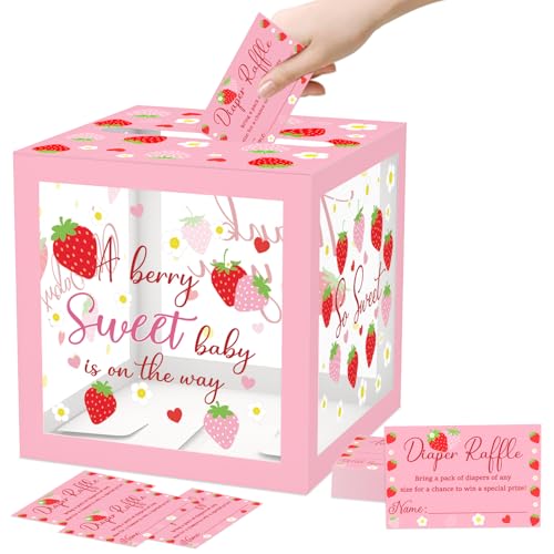 JCTHKUKU 51Pcs Strawberry Diaper Raffle Tickets with Box for Baby Shower Games, A Berry Sweet Baby Is On The Way Diaper Raffle Card Box for Gender Reveal Raffle Party Decoration Clear Card Boxes