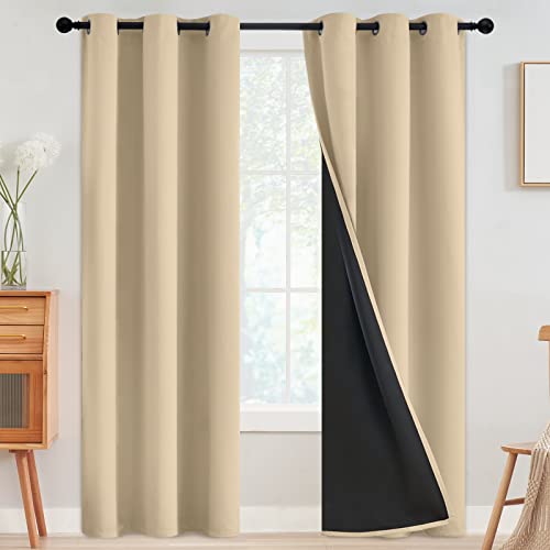 Image of SimpleHome Beige 100% Blackout Curtains Room Darkening Living Room 84 Inch