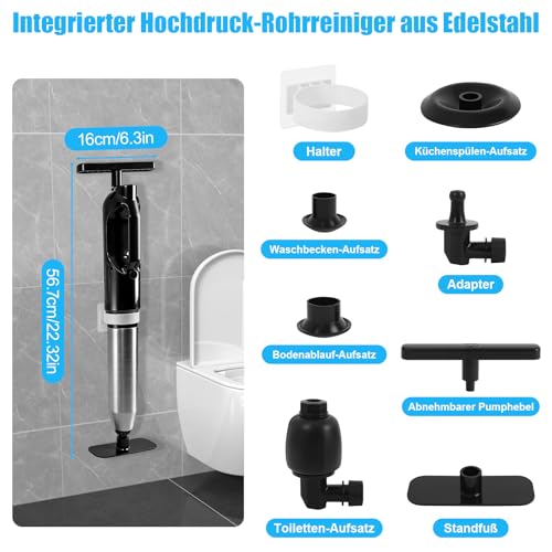 Rohrreiniger Druckluft, Abflussreiniger Pumpe mit Sichtbarer Luftdruckanzeige, Pressluft Rohrreiniger Kit mit 4 Saugnäpfen für WC, Waschbecken, Bad & Küche, Schwarz