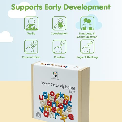 Image of PlanToys Lower Case Alphabet Wooden Learning Set for Kids Ages 3+ | Montessori Educational Resource for Literacy, Letter Recognition & Spelling | Eco-Friendly Early Language Development Tool