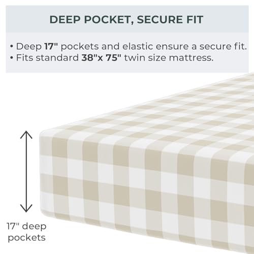 Image of Pobibaby Twin Sheet Set Kids, 3-Piece, Cotton Blend (Gingham Khaki) | Kids Bed Sheet Set, 3-Piece, Fitted Sheet, Flat Sheet, Pillowcase, Cotton Blend, Deep Pockets, Soft, Machine Wash, Seasons