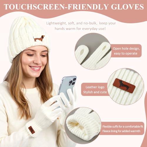 Geyoga Damen Mütze Schal Handschuhe Set Dackel Geschenke Hundeliebhaber Geschenke für Damen Handschuhe Warmer Langer Schal Weiche Strick Dackel Mütze Dachshund Geschenke für Kaltes Wetter(Weiß)
