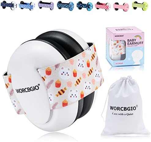 WORCBGIO Infant Ear Protection Noise Cancelling Baby Ear Muffs, Toddler Hearing Protection with Adjustable Elastic Headband (Bear, White