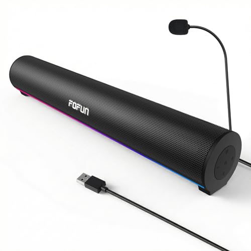 FOFUN 2 en 1 Barre de Son de Gaming avec Microphone Détachable,Enceinte PC Stéréo Alimentation USB,3 EQ Audio,Bluetooth 6.0 Soundbar pour Ordinateur...