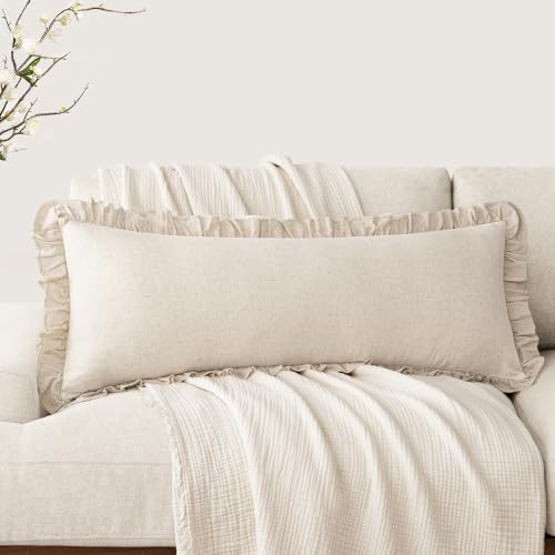Image of Foindtower Set of 1 Decorative Linen Fringe Ruffle Throw Pillow Cover Long Lumbar Farmhouse Cushion Cover Body Accent Retro Pillowcase for Couch Bed Living Room Home Decor,14x36 Inch,Natural Beige
