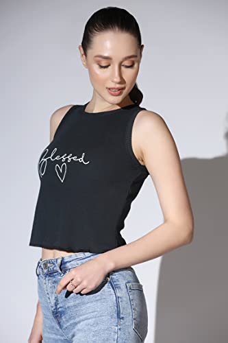 Image of OM SAI LATEST CREATION Crop Tops for Women || Ribbed Solid Chest Printed Crop Top for Girls || Text & Hart Print with Round Neck & Sleeveless Crop Top for Women || Tank Top.