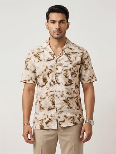 Image of OTTO Men's Cream and Brown Printed Casual Shirt | Slim Fit | Casual Shirts for Men