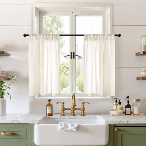 Image of BGment Cafe Linen Curtains 30 Inch Length for Small Window, Beige Half Window Drapes Semi Sheer Lightweight with Rod Pocket for Bathroom Kitchen Over Sink, 2 Panels Set, 24 Inch Wide Each Panel
