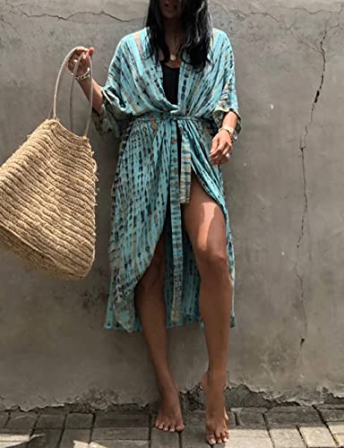 Image of Bsubseach Stylish Tie Dye Open Front Long Kimono Swimsuit Coverup for Women
