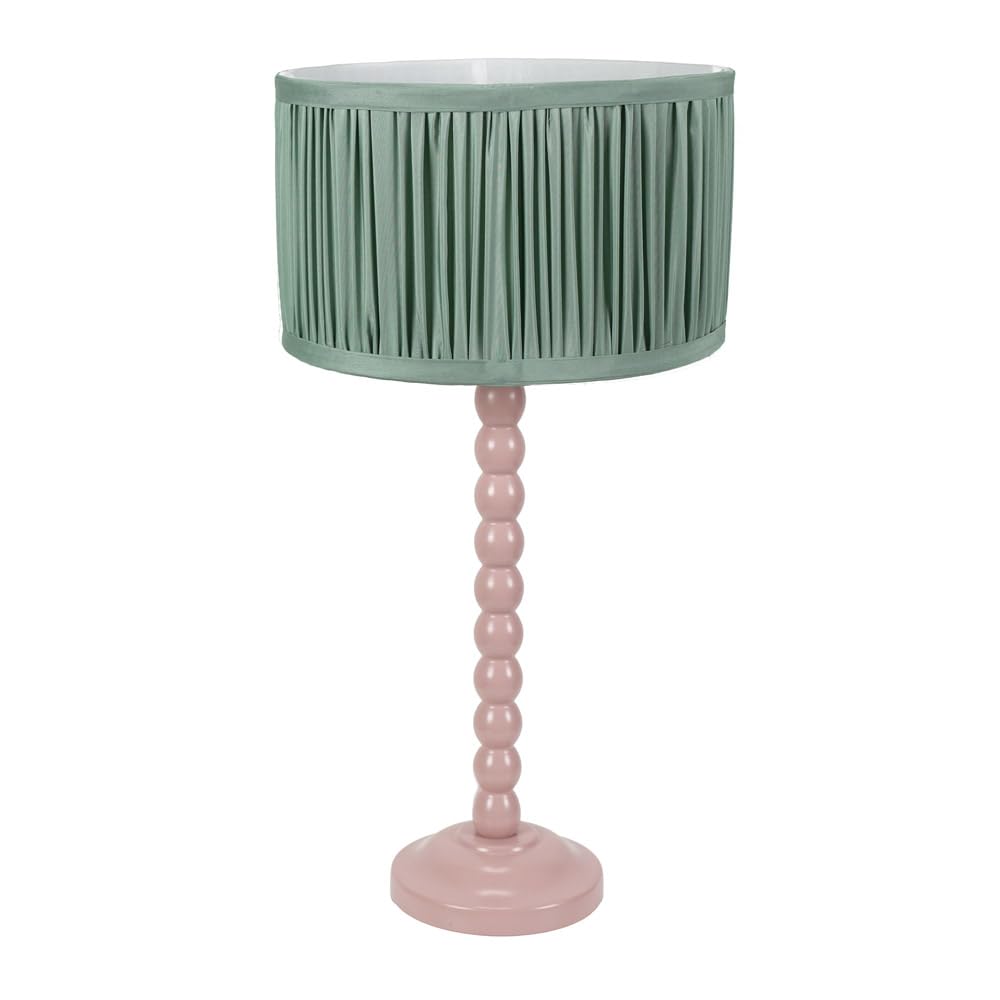 ValueLights | Rose Pink Bobbin Stem Table Lamp with Green Ruched Pleated Shade Living Room Bedroom Light | Table Lamps, Home Décor & Improvement Essential | Included LED Bulb