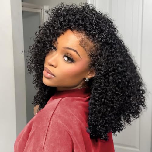 Perruque Bresilienne Half Wig Human Hair Glueless Femme Naturelle Brésilien Cheveux Humain Sans Colle Perruque Bandeau Bouclée 3 In 1 Seamless Flip Kinky Curly Drawstring Wigs Black Color 18 Pouces
