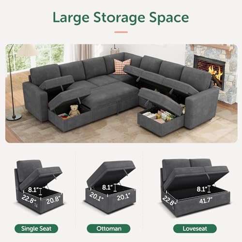 Image of HONBAY Modular Sectional Sleeper Sofa with Pull Out Couch, Corduroy Oversized Sectional Couches Pull Out Bed with U Shaped Sleeper Storage for Living Room - Dark Grey